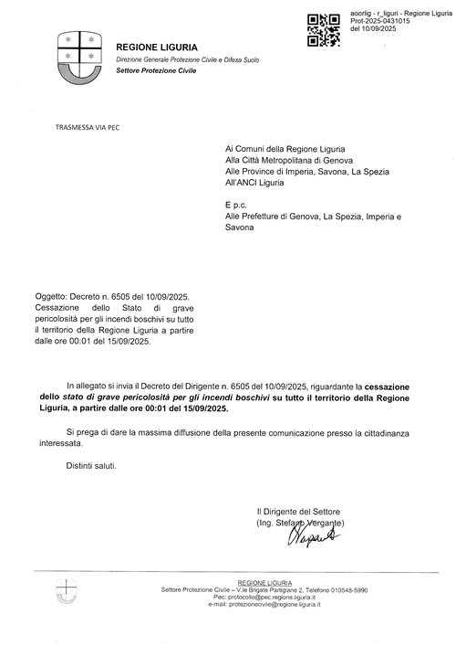 Cessazione dello Stato di grave pericolosità per gli incendi boschivi